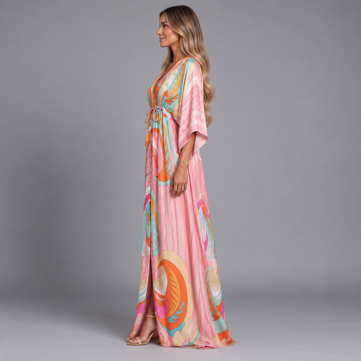 Women's Maxi Dress with V-Neck and Adjustable Belt