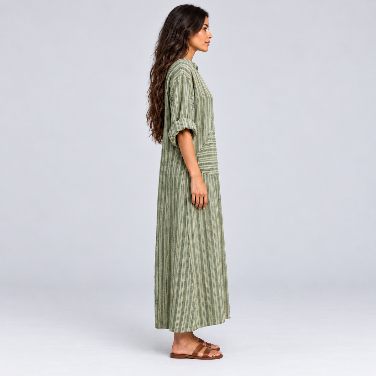 Vestido largo de mujer con escote en V y rayas verticales