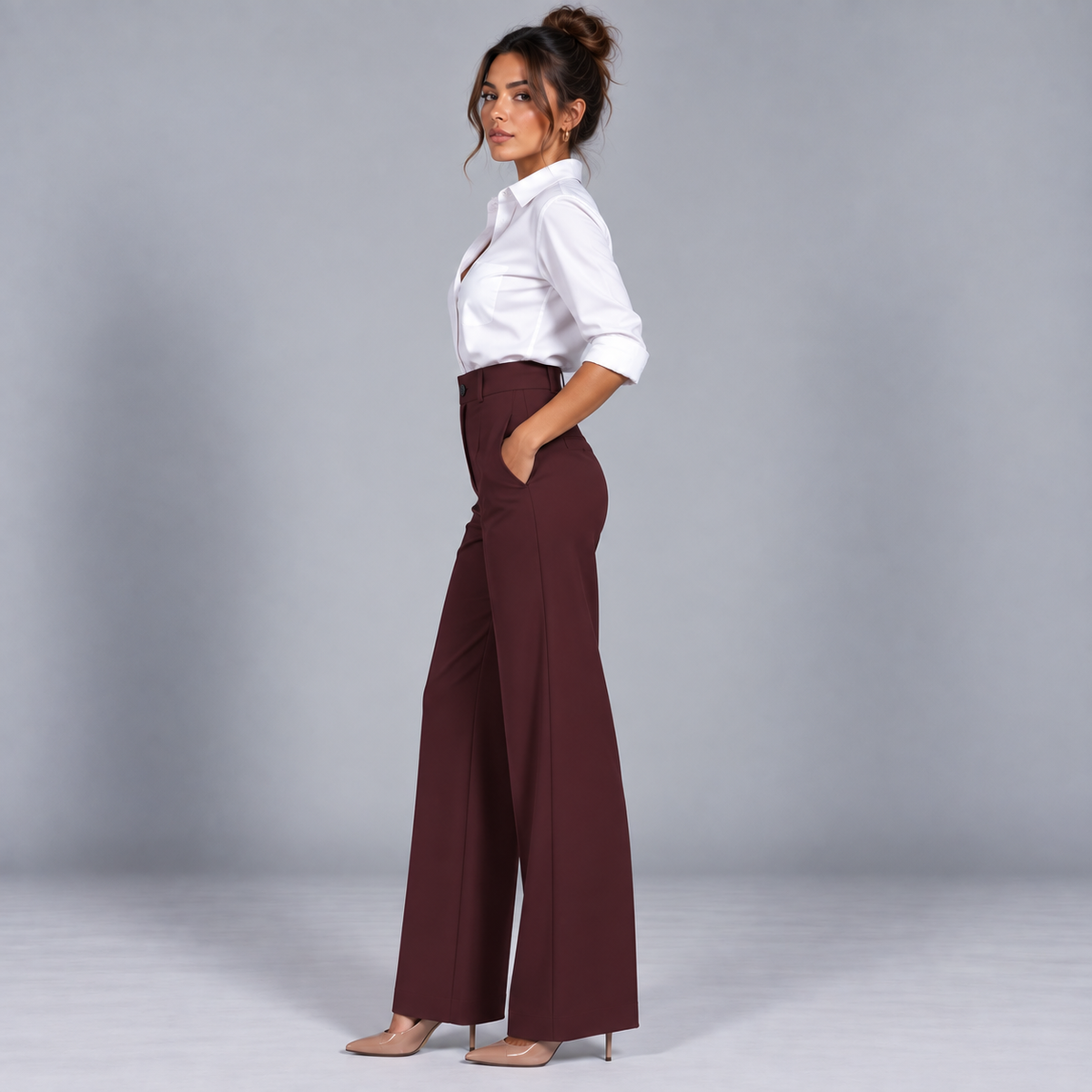 Pantalón de Talle Alto y Corte Recto | Cinturilla Elástica y Pliegues Delanteros | Estilo Versátil para Oficina y Fin de Semana