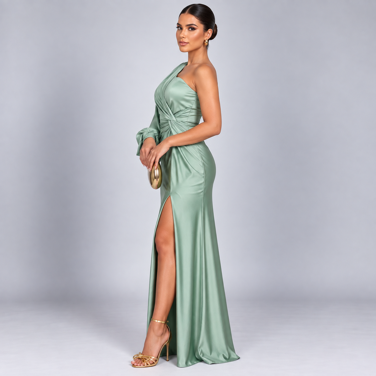 Vestido de Invitada de Boda de Un Solo Hombro | Drapeado y Abertura Frontal | Superficie Sedosa para Eventos Especiales