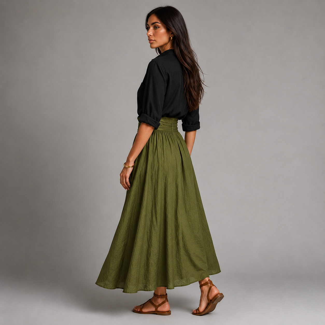 Noor - Elegante conjunto de lino para mujer con cinturón de lazo y falda amplia