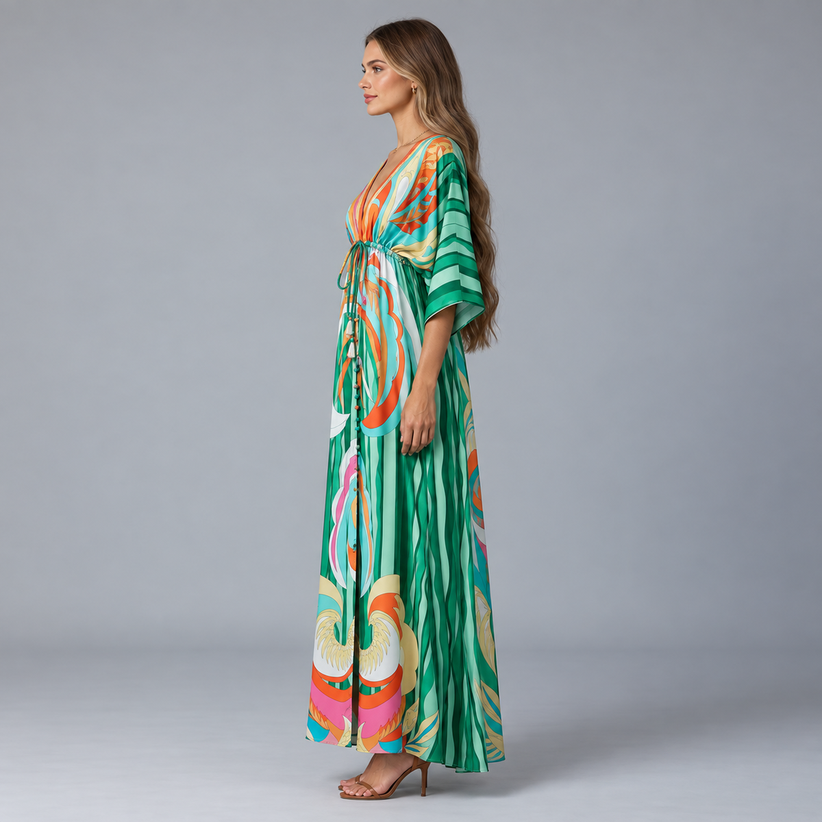 Women's Maxi Dress with V-Neck and Adjustable Belt
