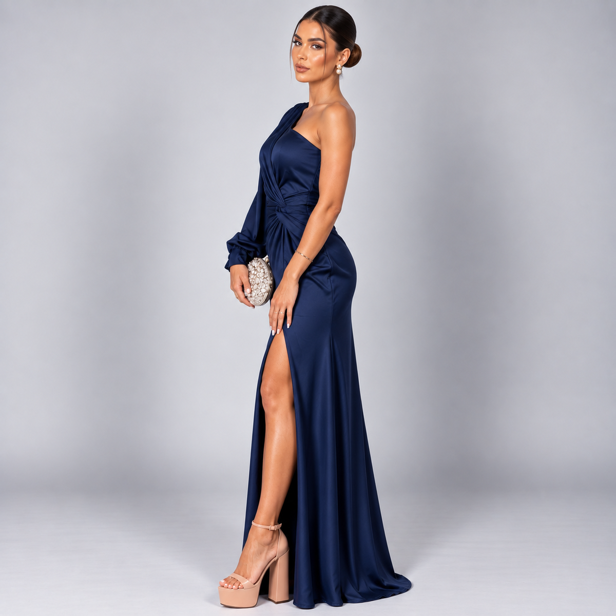 Vestido de Invitada de Boda de Un Solo Hombro | Drapeado y Abertura Frontal | Superficie Sedosa para Eventos Especiales