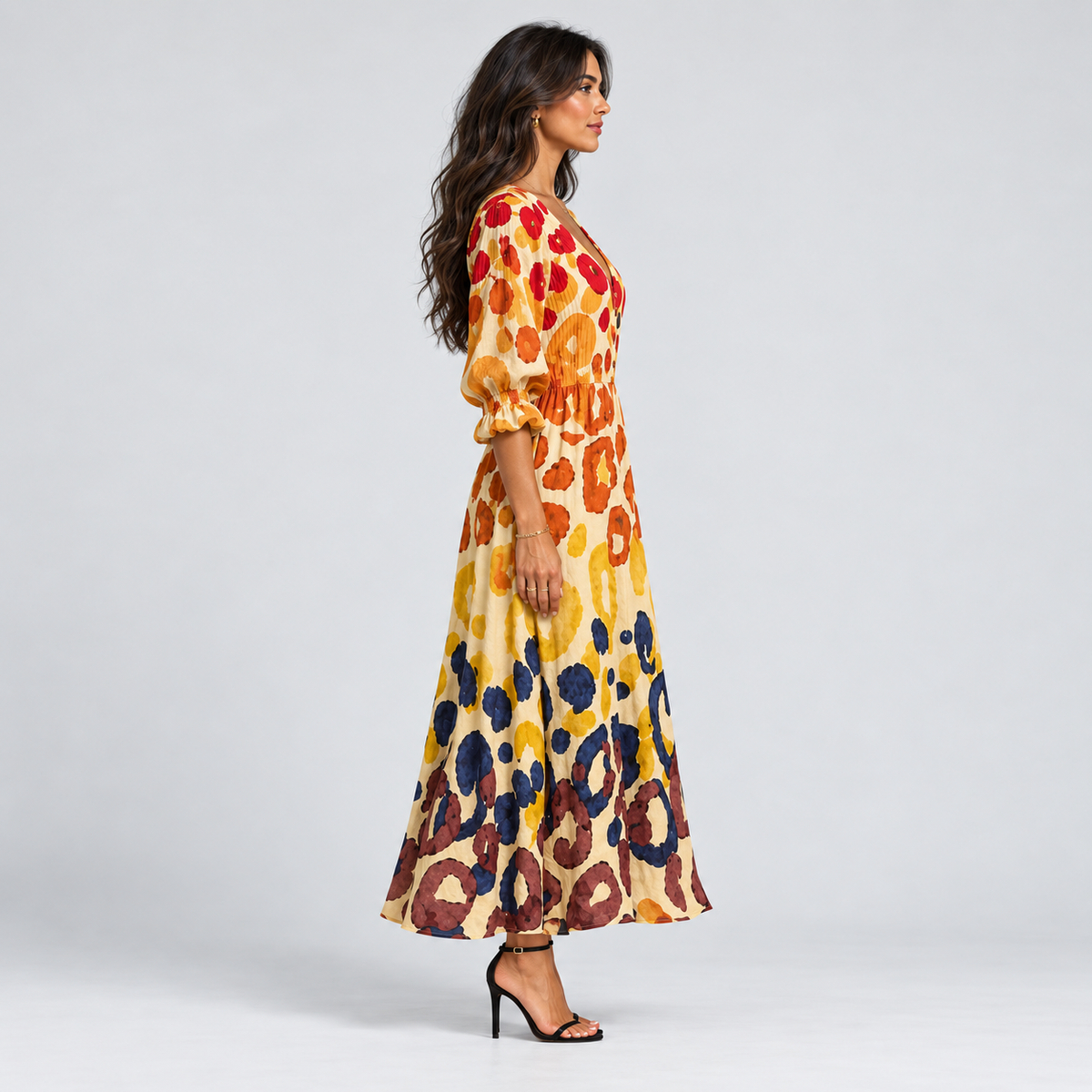 Vestido largo para mujer con escote en V y estampado de flores