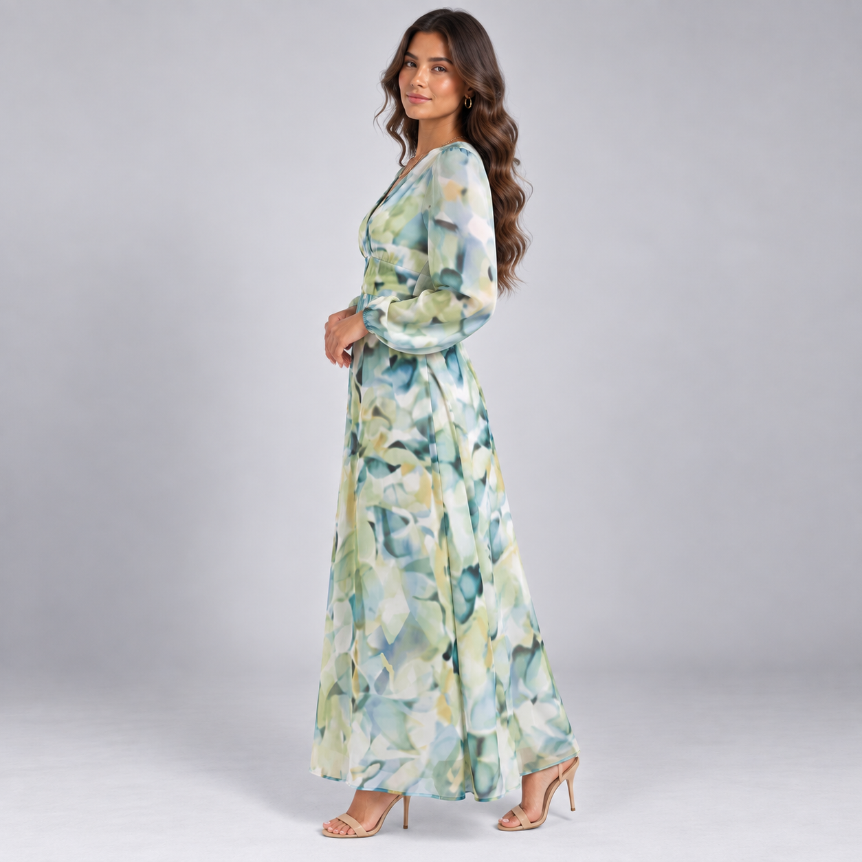 Vestido Largo Estampado con Escote en V y Cintura Alta | Mangas Abullonadas y Corte Fluido | Estilo Bohemio para Cualquier Ocasión