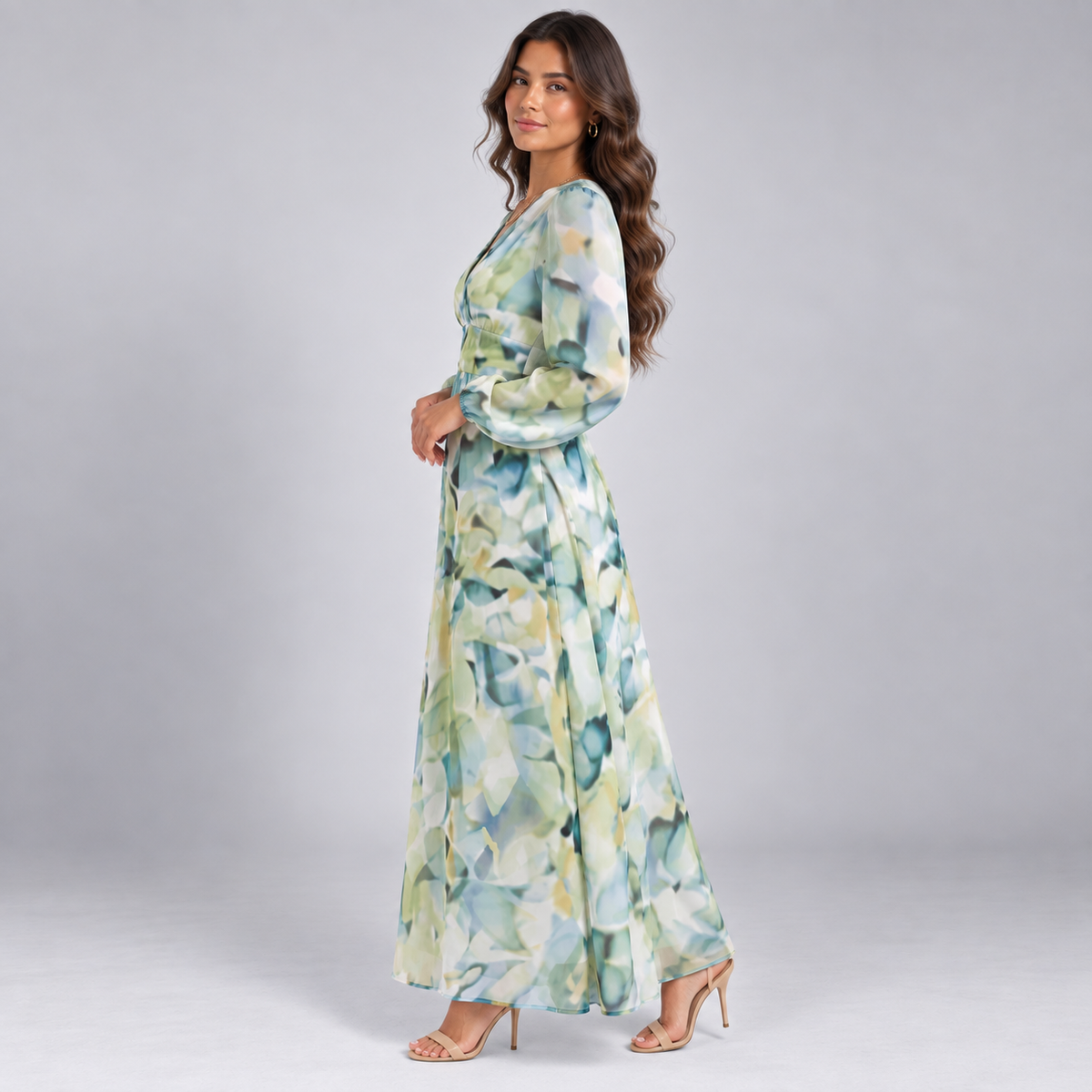 Vestido Largo Estampado con Escote en V y Cintura Alta | Mangas Abullonadas y Corte Fluido | Estilo Bohemio para Cualquier Ocasión
