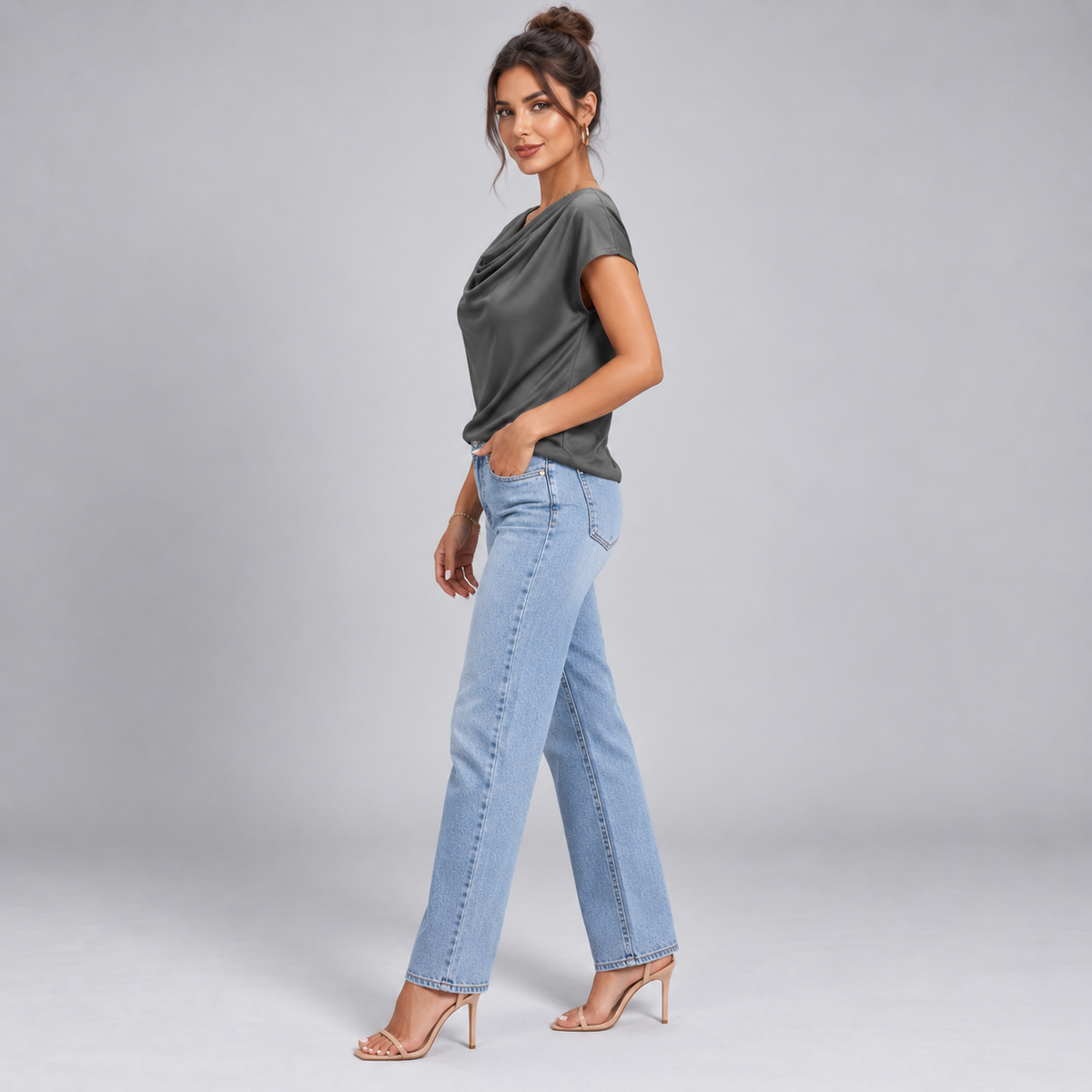 Top de Jersey Elástico para Mujer con Cuello Vuelto | Ajuste Slim | Cuello Alto, Mangas Largas, Comodidad Elástica | De Oficina a Noche