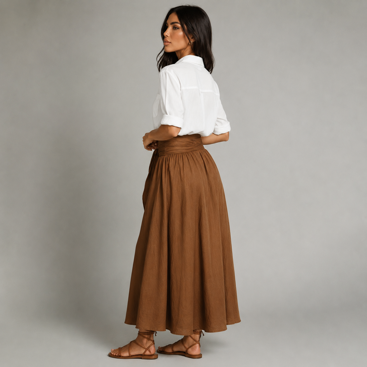 Noor - Elegante conjunto de lino para mujer con cinturón de lazo y falda amplia
