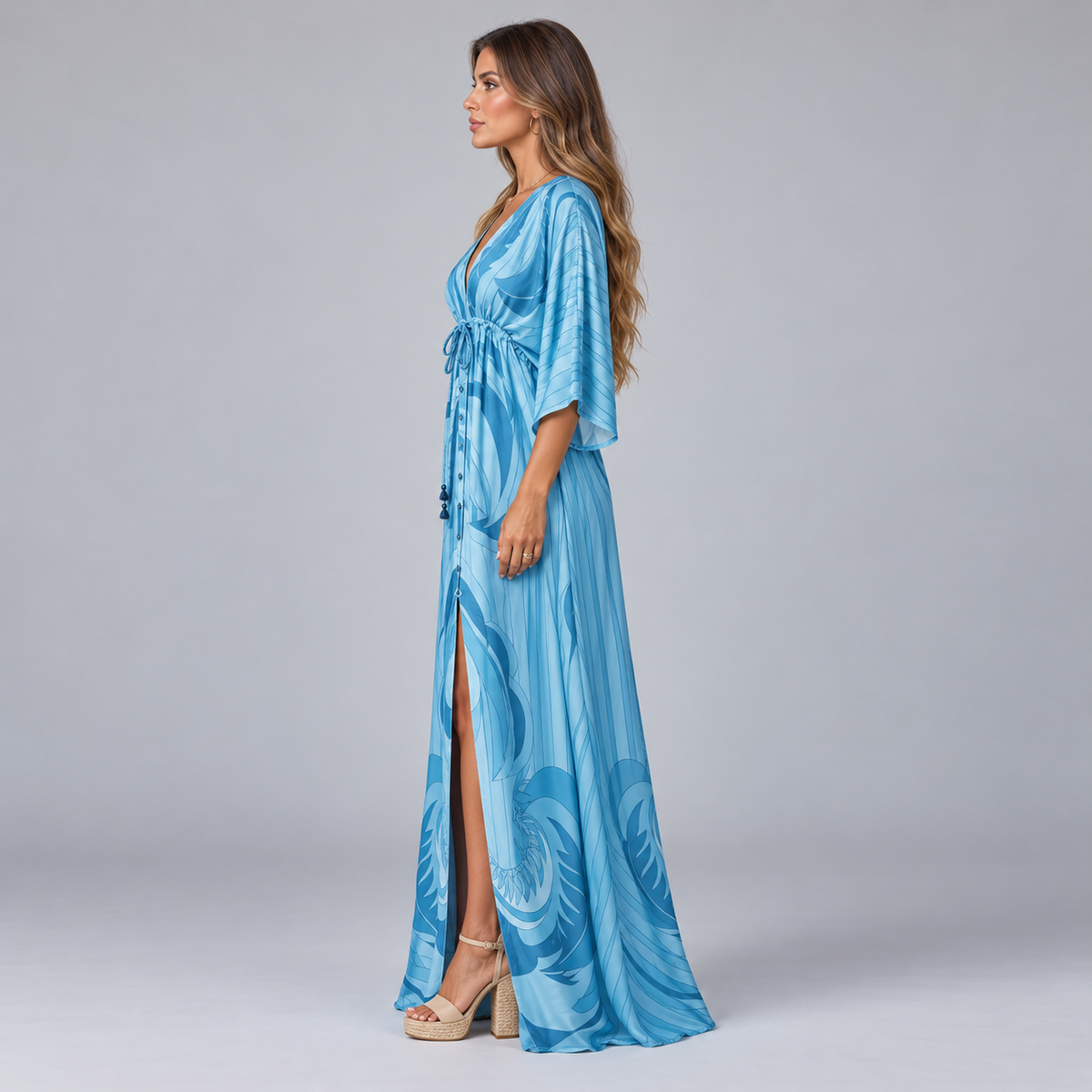 Women's Maxi Dress with V-Neck and Adjustable Belt