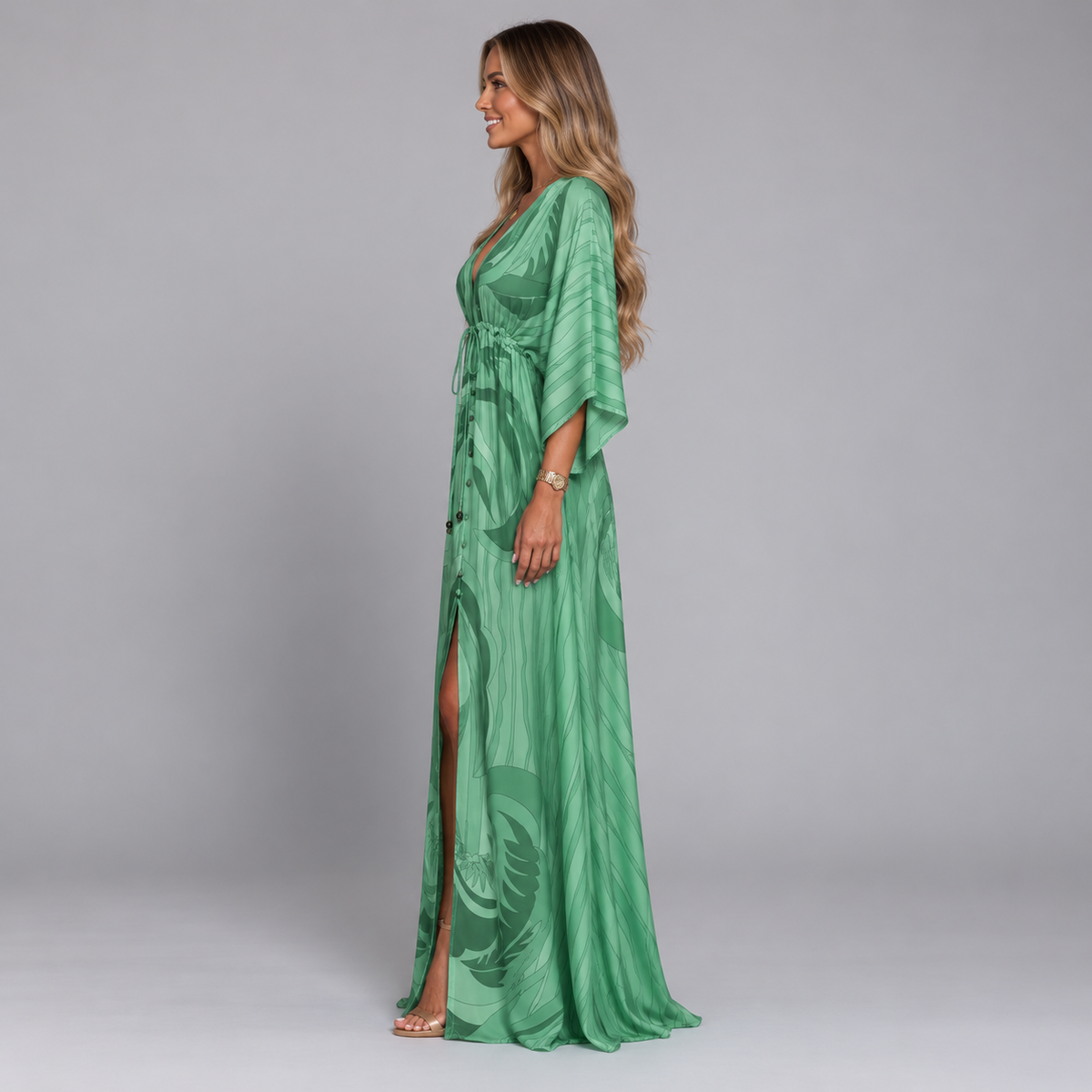 Women's Maxi Dress with V-Neck and Adjustable Belt