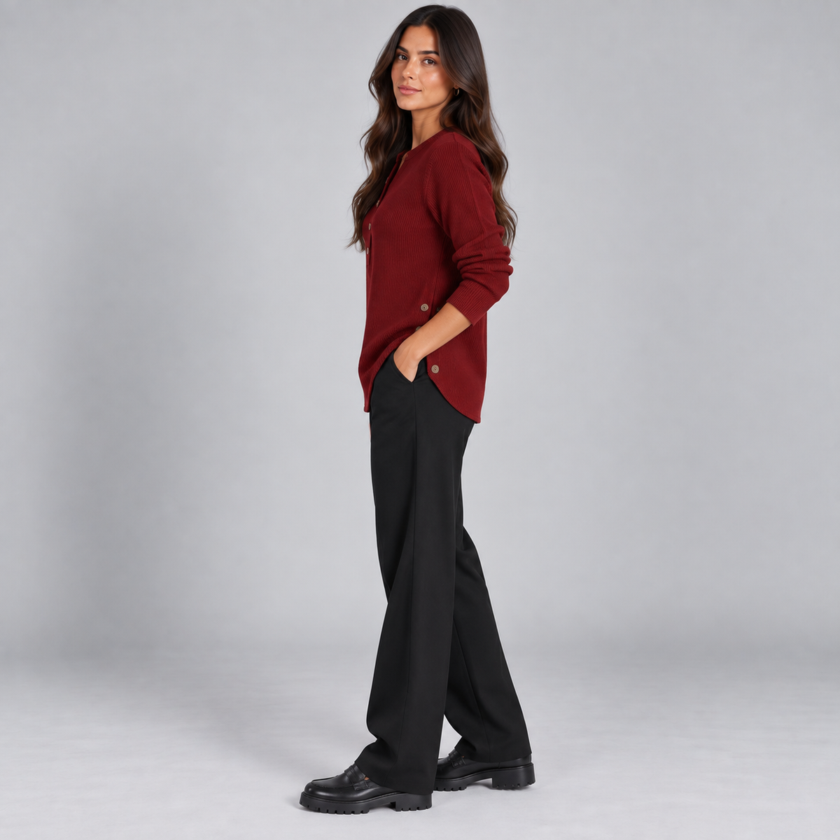 Suéter de punto Henley largo para mujer | Ajuste relajado | Detalles de botones laterales, tapeta de botones flexible | Casual elegante