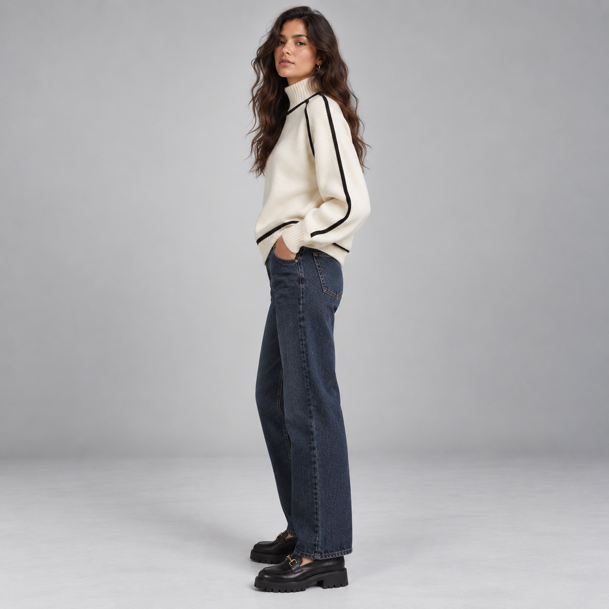 Jersey de cuello alto para mujer con bordes en contraste