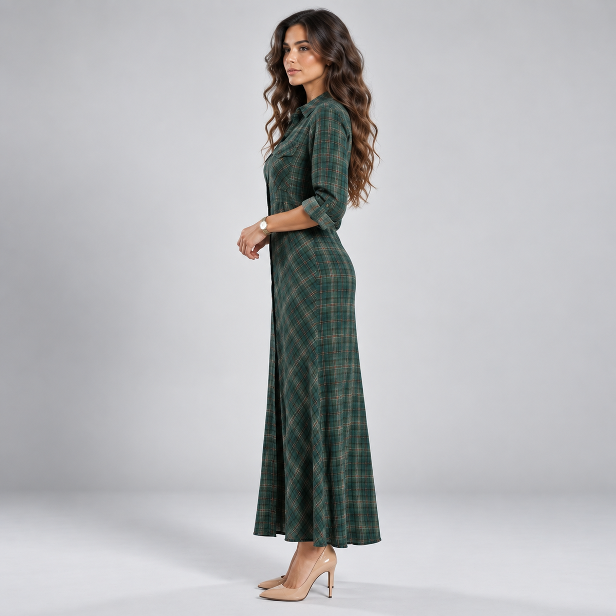 Vestido Largo Camisero de Franela a Cuadros | Botonadura Frontal y Corte Cómodo | Estilo Campestre para Otoño y Brunch