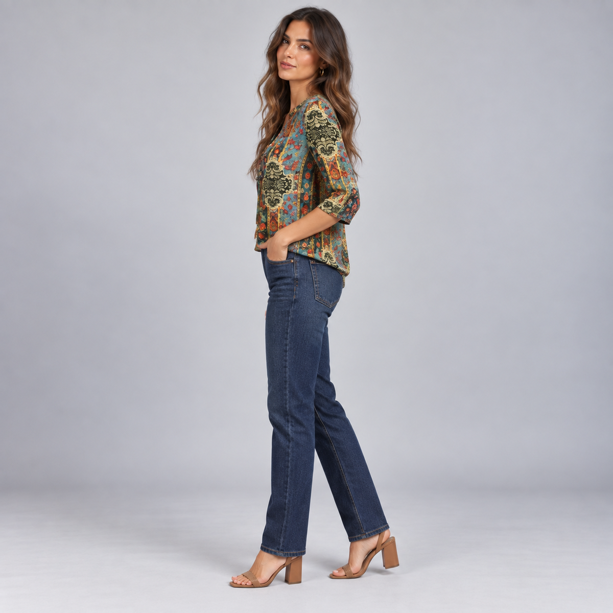 Blusa Bohemia de Mujer con Cuello en V | Corte Holgado | Detalles Plisados, Mangas 3/4, Estilo Versátil | Casual Elegante, Fin de Semana