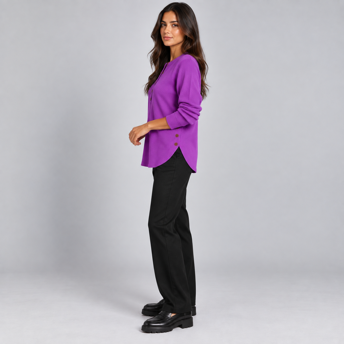 Suéter de punto Henley largo para mujer | Ajuste relajado | Detalles de botones laterales, tapeta de botones flexible | Casual elegante