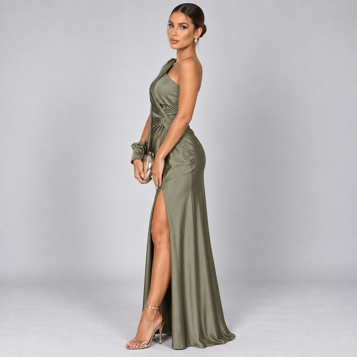 Vestido de Invitada de Boda de Un Solo Hombro | Drapeado y Abertura Frontal | Superficie Sedosa para Eventos Especiales