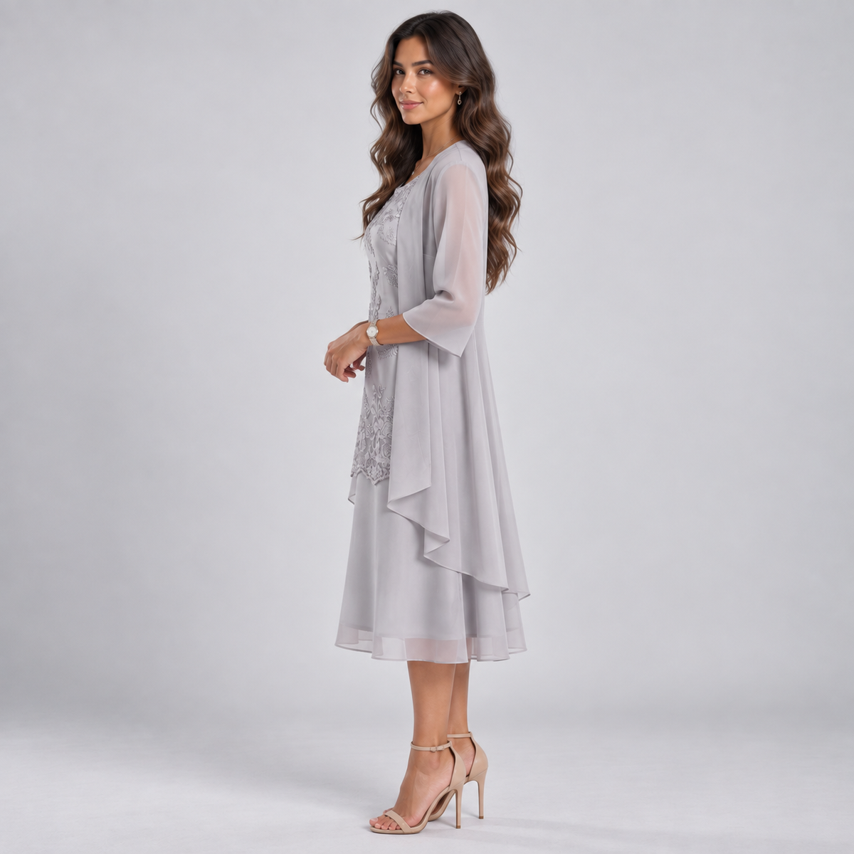 Vestido Largo de Dos Piezas con Encaje y Gasa | Capa Superior Texturizada y Caída Fluida | Estilo Romántico para Eventos Especiales