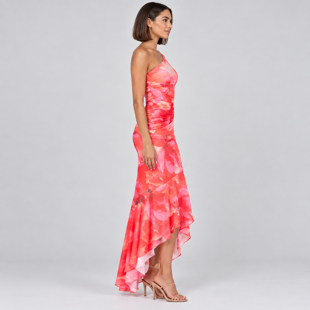 Vestido de Mujer con Estampado Floral, Hombro Único y Dobladillo Asimétrico