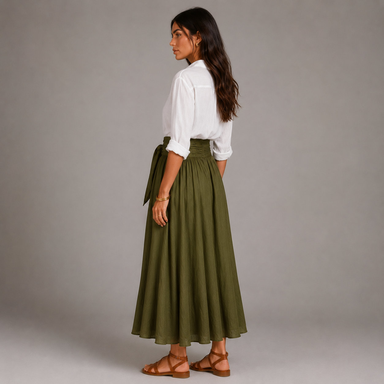 Noor - Elegante conjunto de lino para mujer con cinturón de lazo y falda amplia
