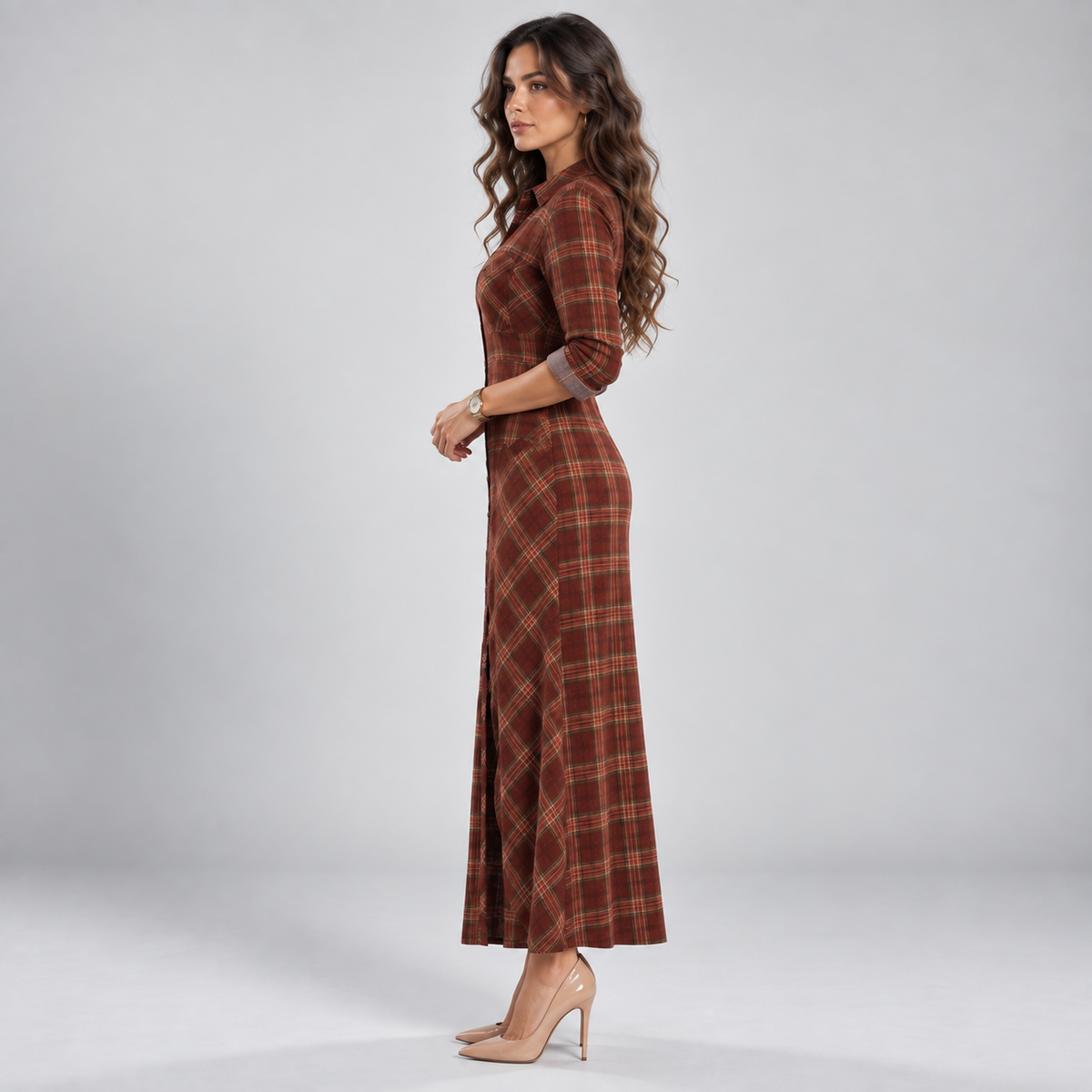 Vestido Largo Camisero de Franela a Cuadros | Botonadura Frontal y Corte Cómodo | Estilo Campestre para Otoño y Brunch