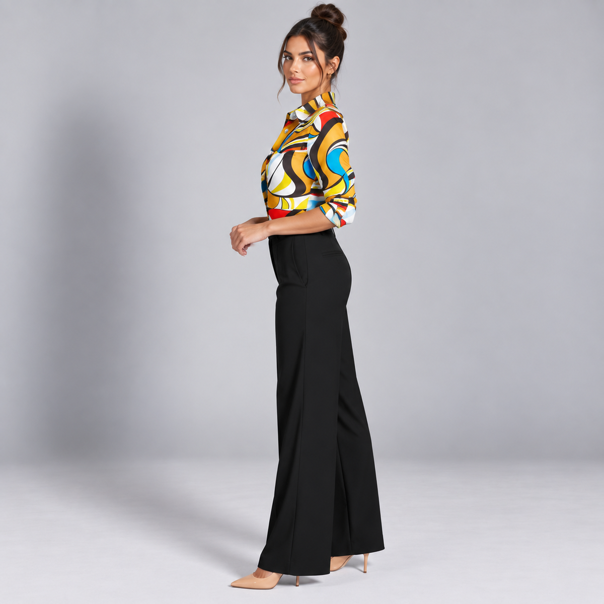 Blusa de Satén para Mujer con Estampado Geométrico | Corte Regular | Abotonada, Manga Larga, Resistente a Arrugas | Ropa de Trabajo, Ropa de Noche