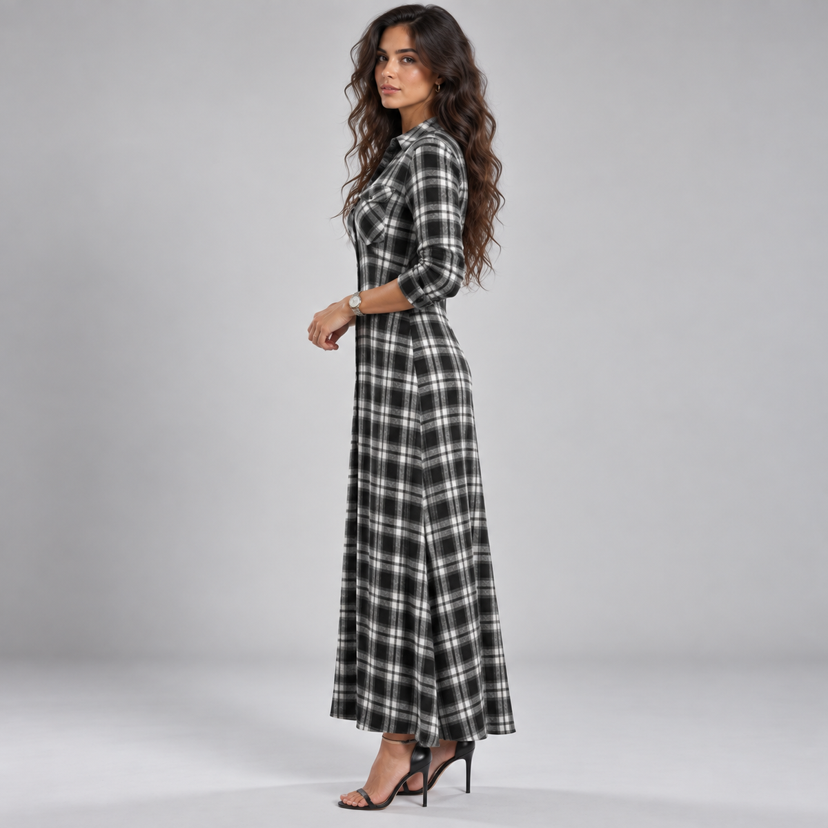 Vestido Largo Camisero de Franela a Cuadros | Botonadura Frontal y Corte Cómodo | Estilo Campestre para Otoño y Brunch