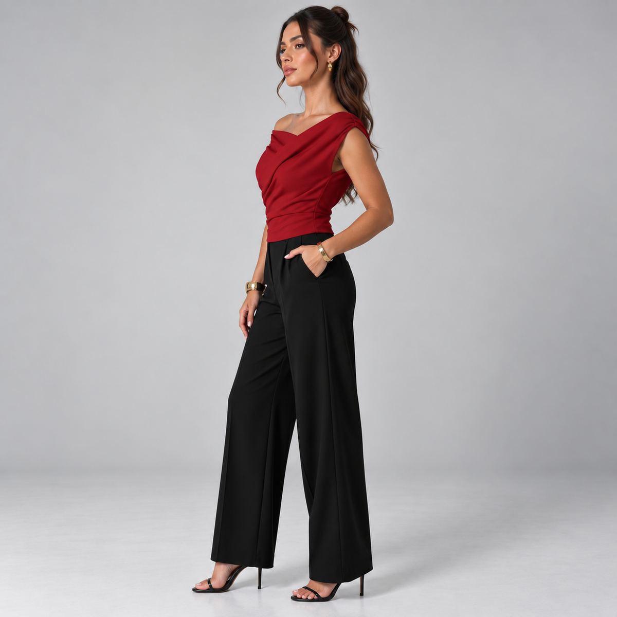 Top para mujer con hombro drapeado | Ajuste holgado | Detalle de hombro drapeado, cintura fruncida, ajuste cómodo | Ropa de trabajo, ropa de noche