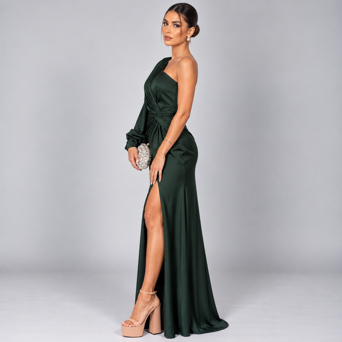 Vestido de Invitada de Boda de Un Solo Hombro | Drapeado y Abertura Frontal | Superficie Sedosa para Eventos Especiales