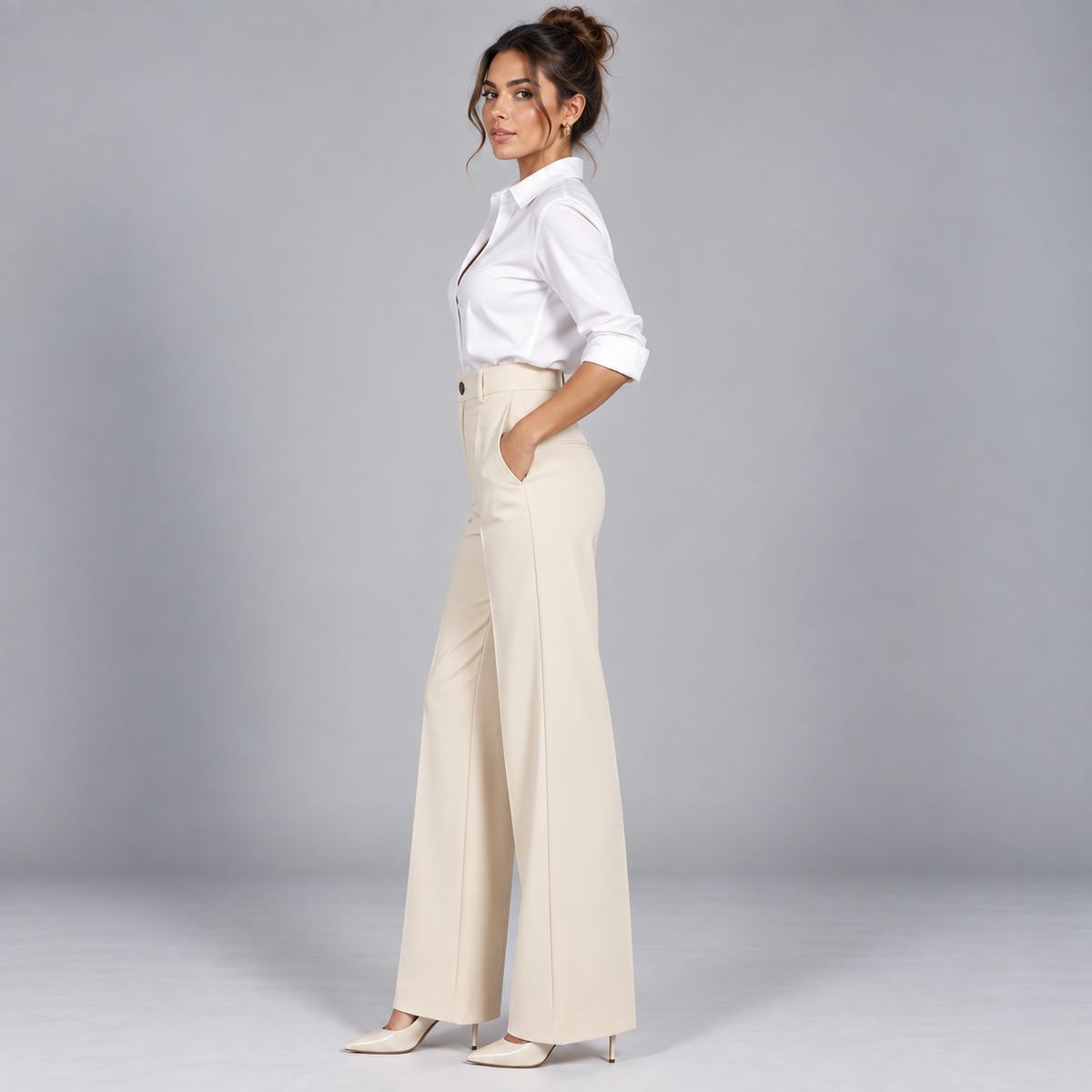 Pantalón de Talle Alto y Corte Recto | Cinturilla Elástica y Pliegues Delanteros | Estilo Versátil para Oficina y Fin de Semana