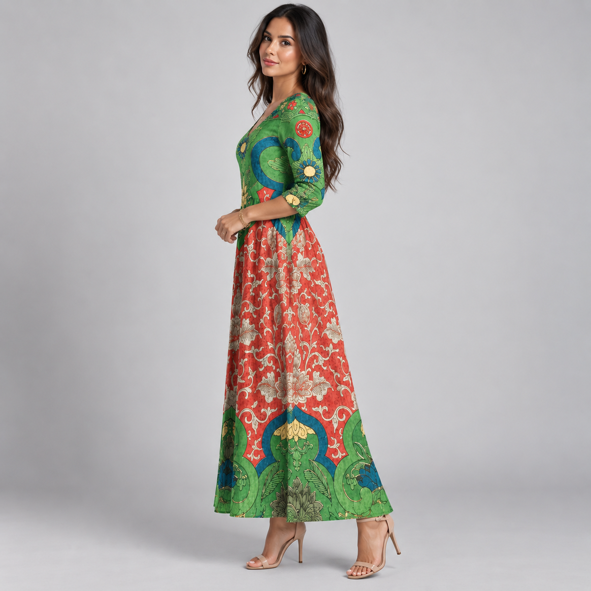 Vestido Maxi Floral Vintage con Escote en V | Algodón Suave y Transpirable | Silueta Fluida de Manga Larga para Cualquier Ocasión
