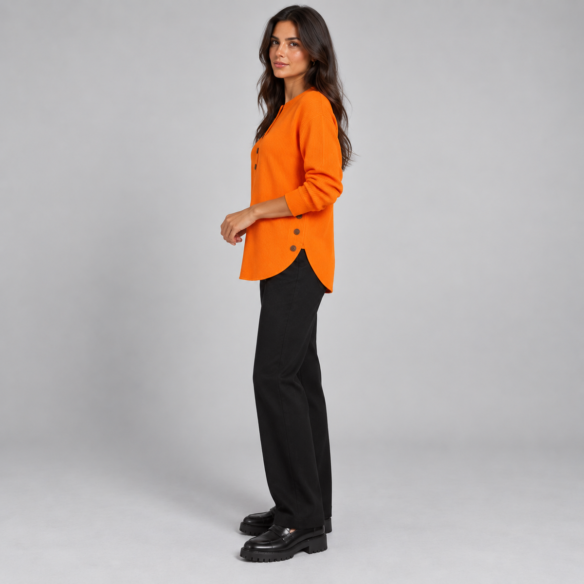 Suéter de punto Henley largo para mujer | Ajuste relajado | Detalles de botones laterales, tapeta de botones flexible | Casual elegante
