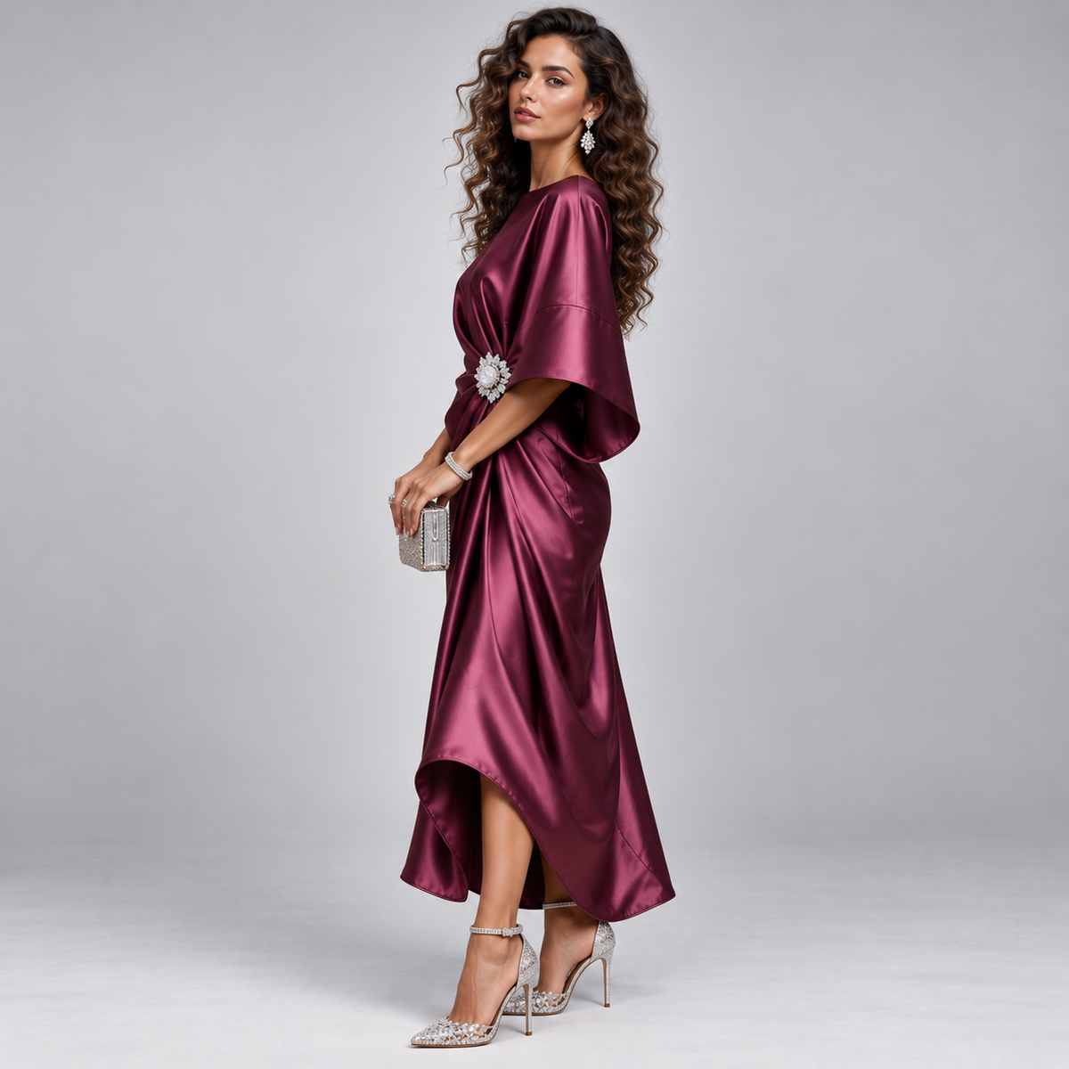 Vestido Midi Cruzado y Acampanado con Mangas Amplias | Corte Fluido y Femenino | Estilo para Bodas y Eventos Especiales