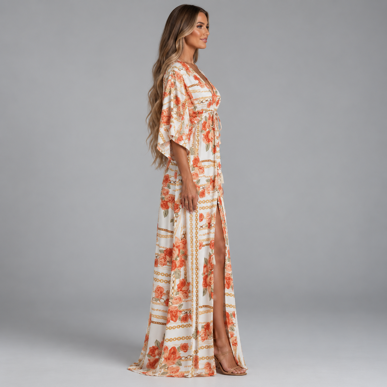 Women's Maxi Dress with V-Neck and Adjustable Belt