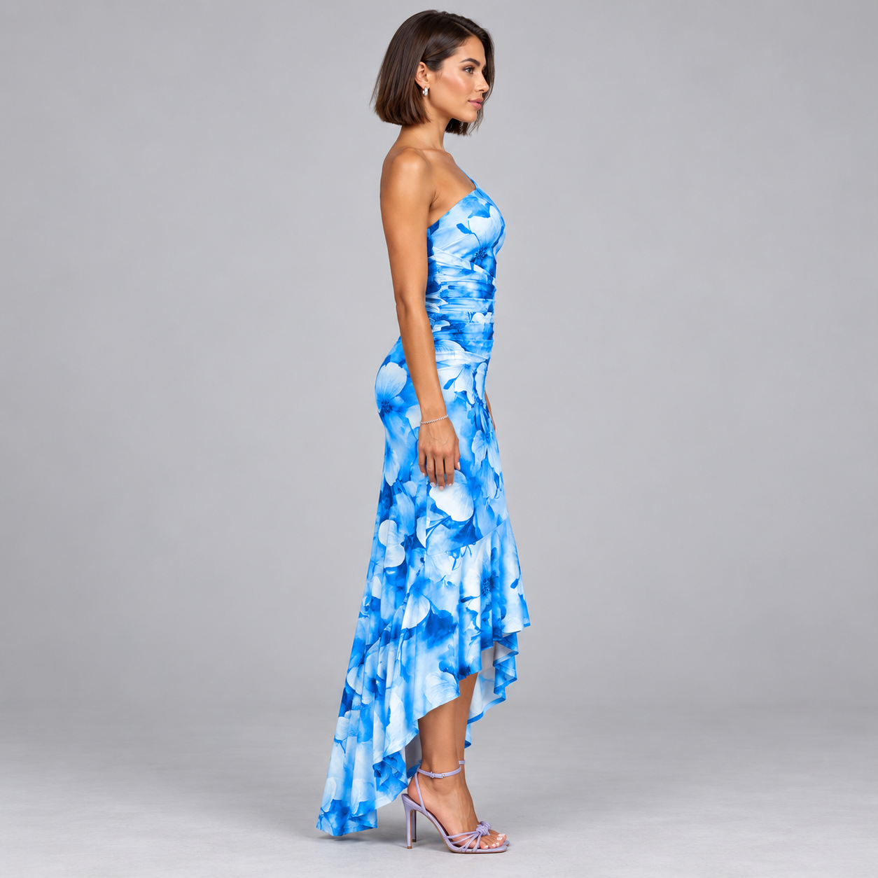 Vestido de Mujer con Estampado Floral, Hombro Único y Dobladillo Asimétrico
