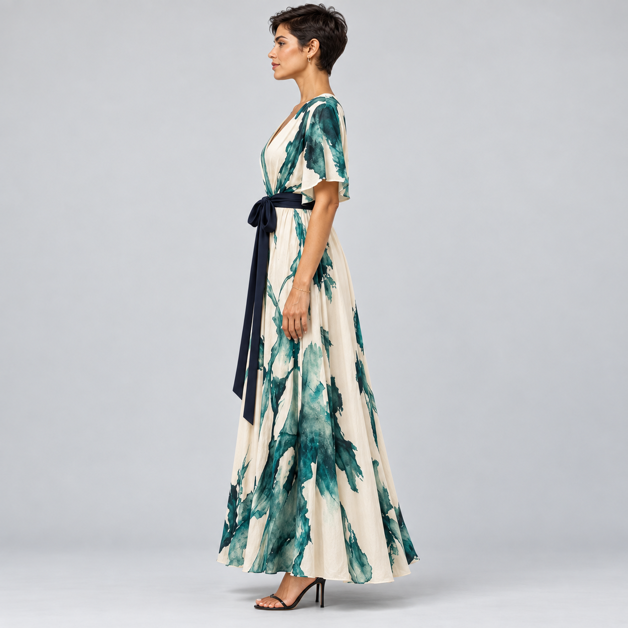 Women's Long Dress with V-Neck Wrap and Belt