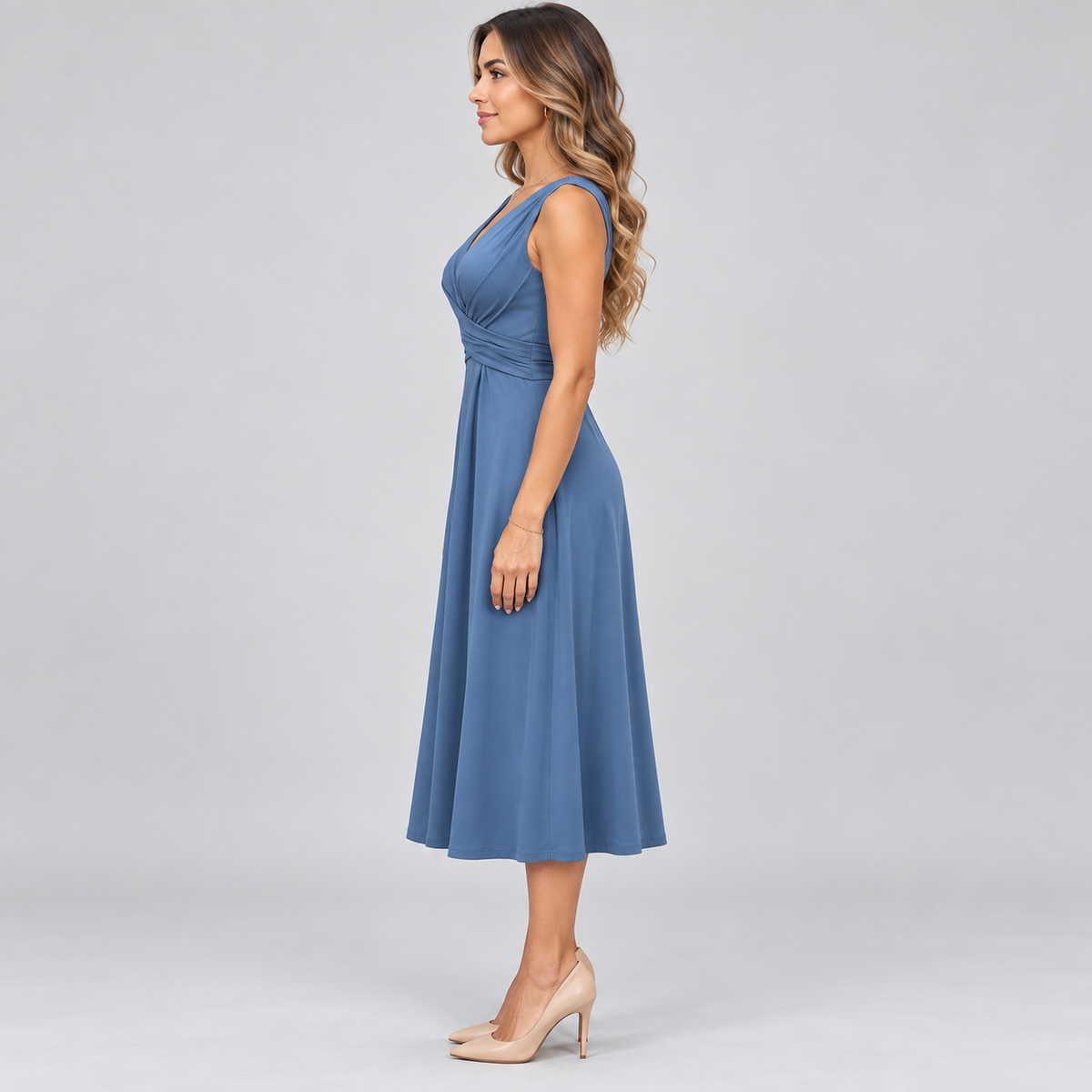 Vestido midi de mujer con escote en V y corte entallado