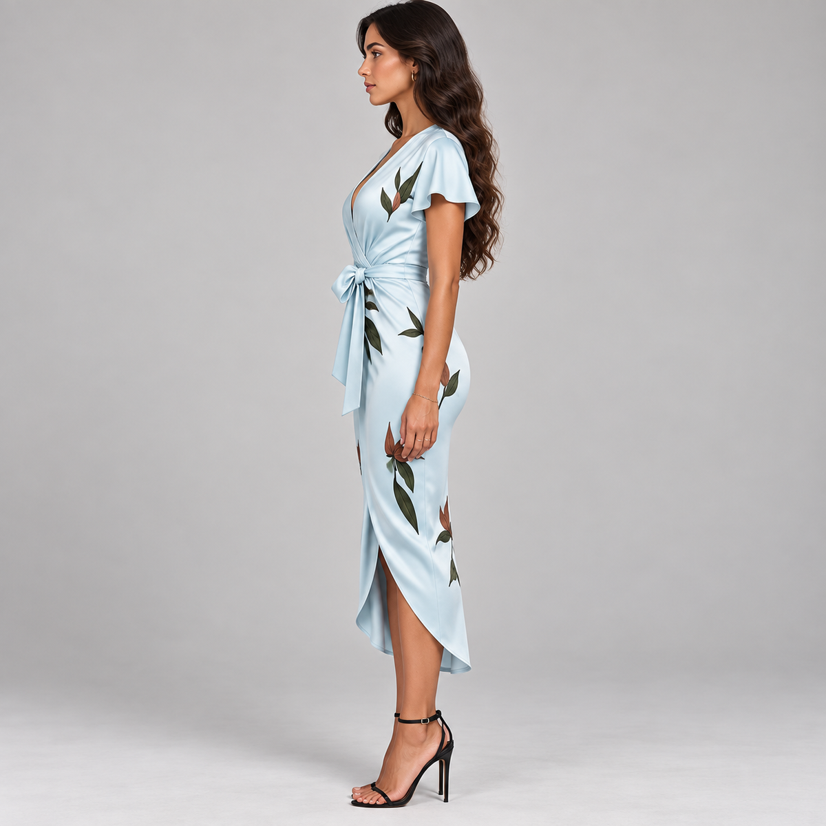 Vestido midi para mujer con parte delantera cruzada y cinturón de lazo