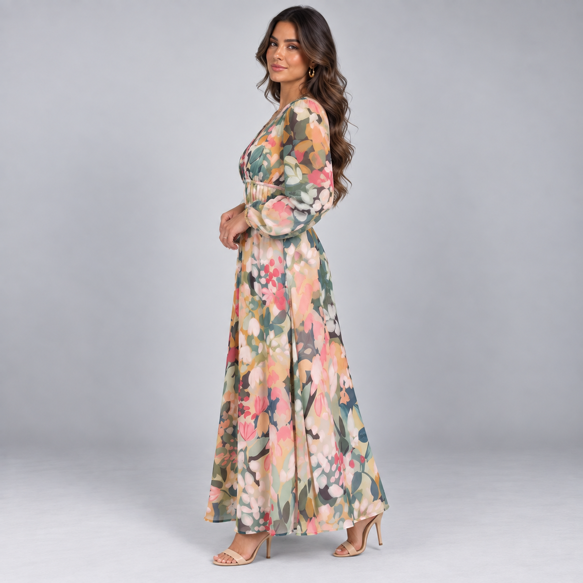 Vestido Largo Estampado con Escote en V y Cintura Alta | Mangas Abullonadas y Corte Fluido | Estilo Bohemio para Cualquier Ocasión