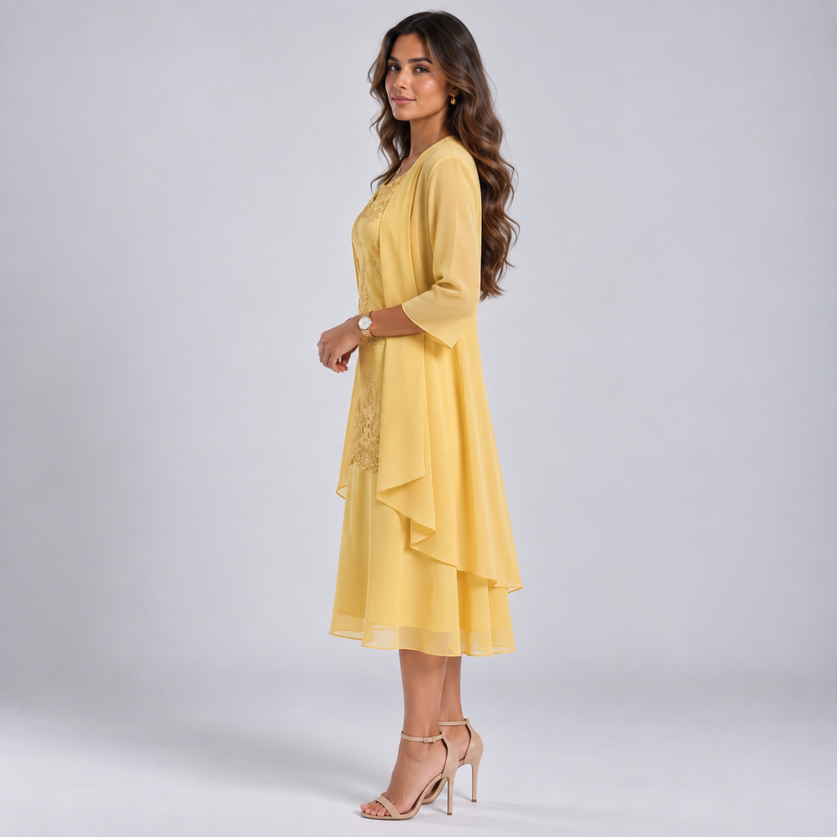 Vestido Largo de Dos Piezas con Encaje y Gasa | Capa Superior Texturizada y Caída Fluida | Estilo Romántico para Eventos Especiales