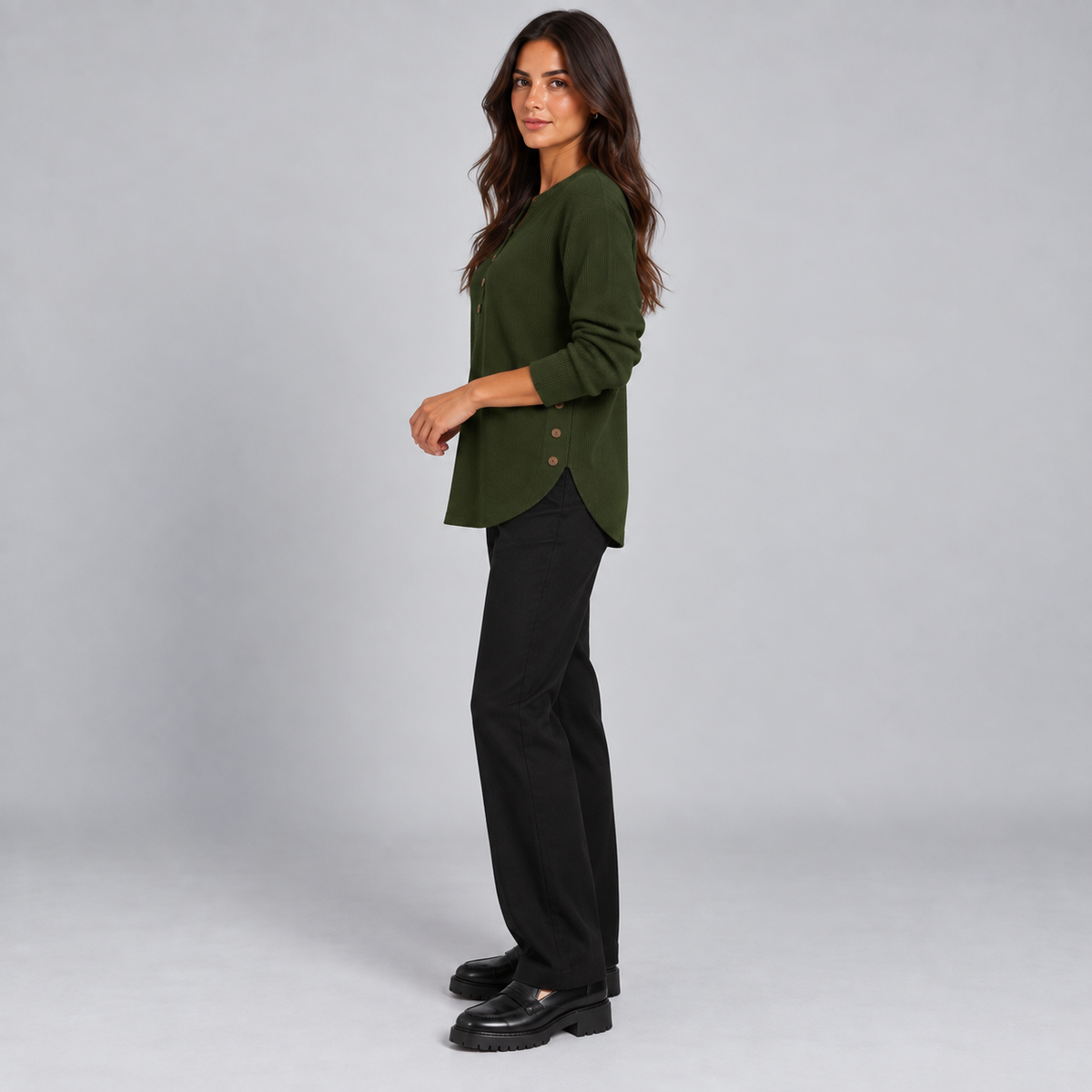 Suéter de punto Henley largo para mujer | Ajuste relajado | Detalles de botones laterales, tapeta de botones flexible | Casual elegante