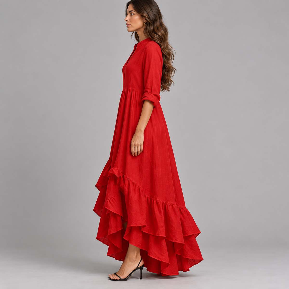 Vestido largo de mujer con escote en V y falda fluida