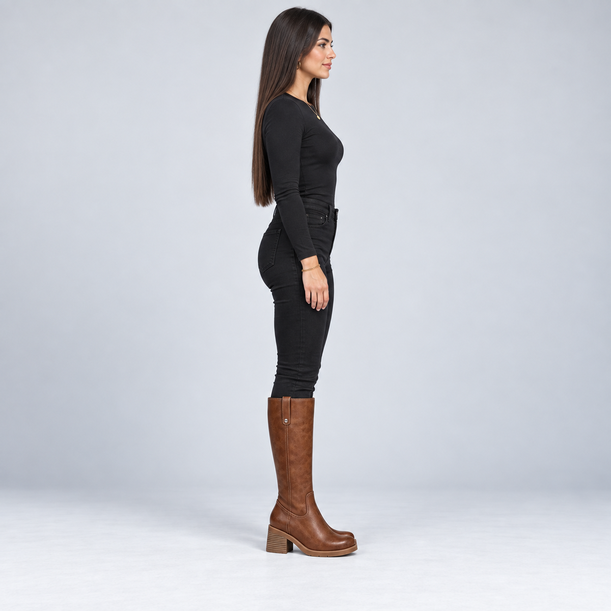 Botas de cuero sintético para mujer con tacón grueso