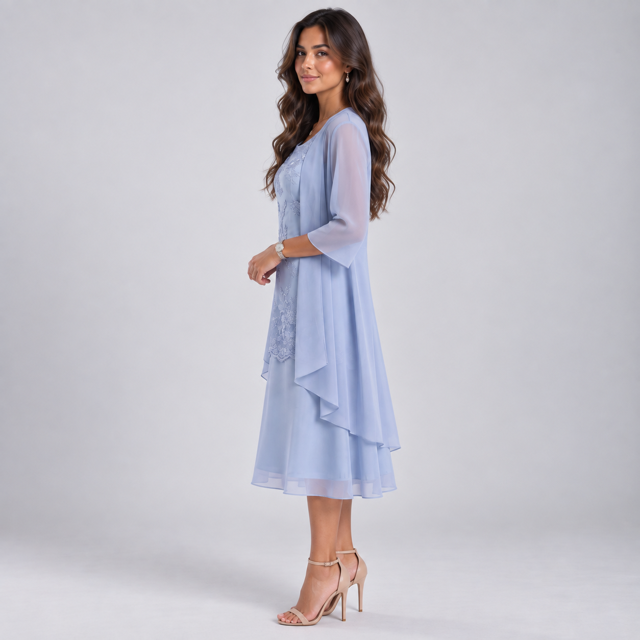 Vestido Largo de Dos Piezas con Encaje y Gasa | Capa Superior Texturizada y Caída Fluida | Estilo Romántico para Eventos Especiales