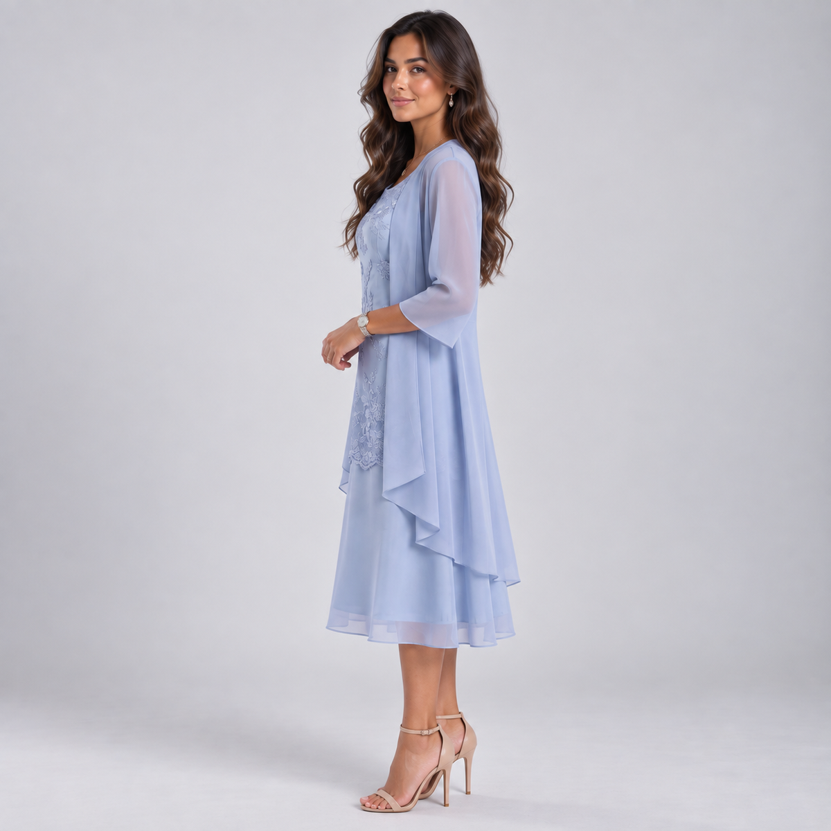 Vestido Largo de Dos Piezas con Encaje y Gasa | Capa Superior Texturizada y Caída Fluida | Estilo Romántico para Eventos Especiales