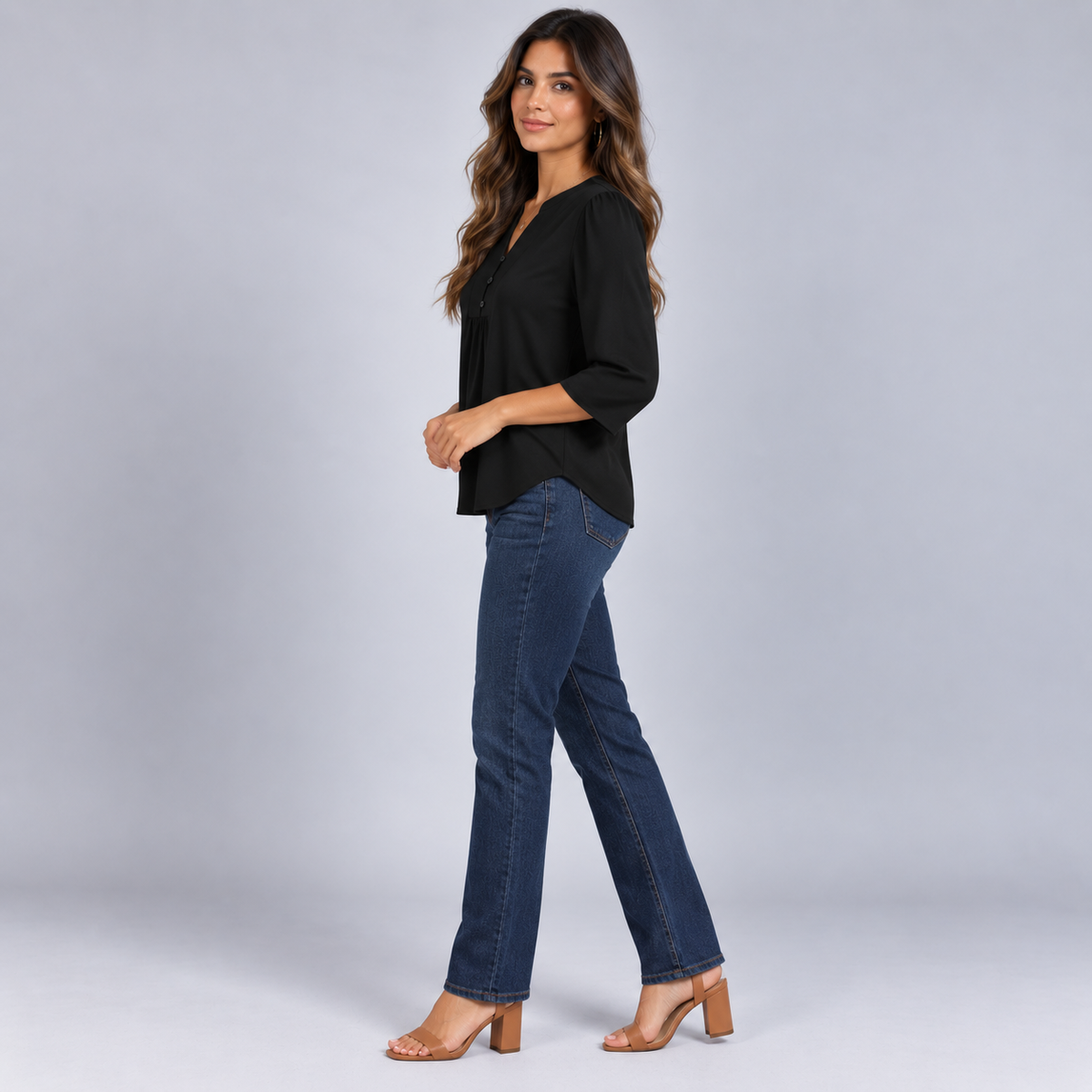 Blusa Bohemia de Mujer con Cuello en V | Corte Holgado | Detalles Plisados, Mangas 3/4, Estilo Versátil | Casual Elegante, Fin de Semana