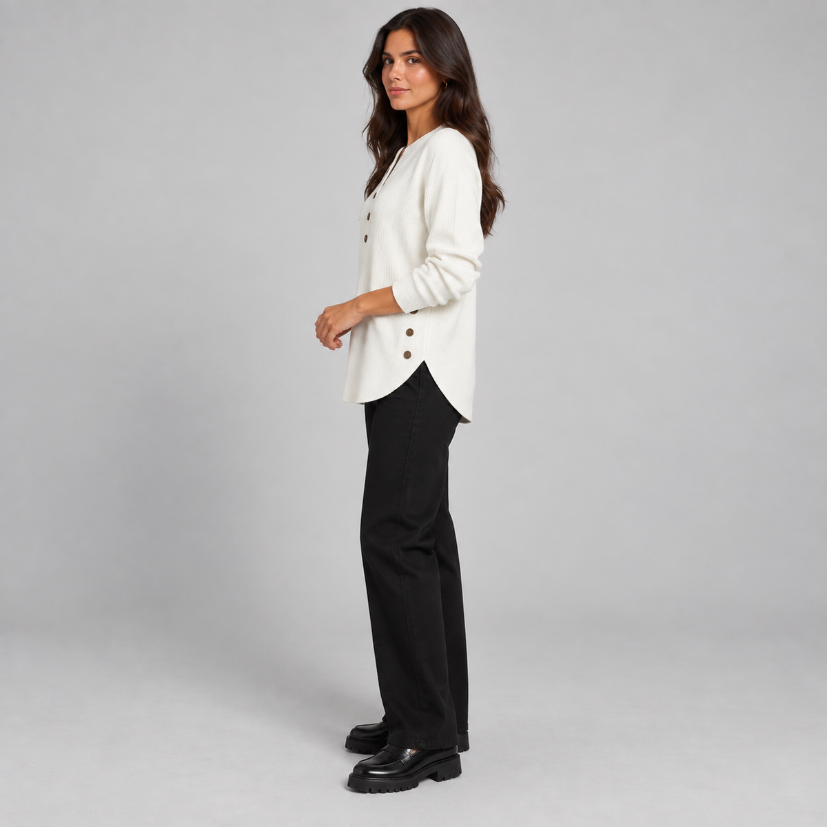 Suéter de punto Henley largo para mujer | Ajuste relajado | Detalles de botones laterales, tapeta de botones flexible | Casual elegante