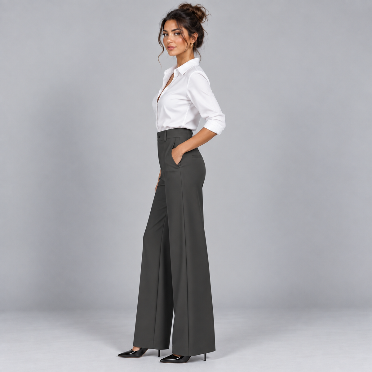 Pantalón de Talle Alto y Corte Recto | Cinturilla Elástica y Pliegues Delanteros | Estilo Versátil para Oficina y Fin de Semana