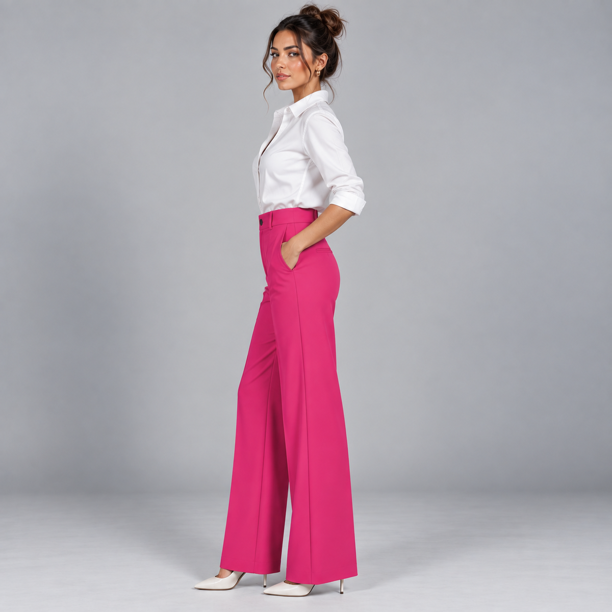 Pantalón de Talle Alto y Corte Recto | Cinturilla Elástica y Pliegues Delanteros | Estilo Versátil para Oficina y Fin de Semana