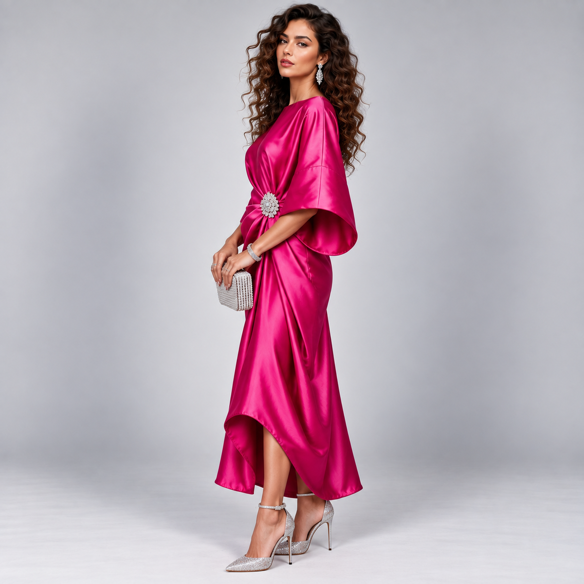 Vestido Midi Cruzado y Acampanado con Mangas Amplias | Corte Fluido y Femenino | Estilo para Bodas y Eventos Especiales