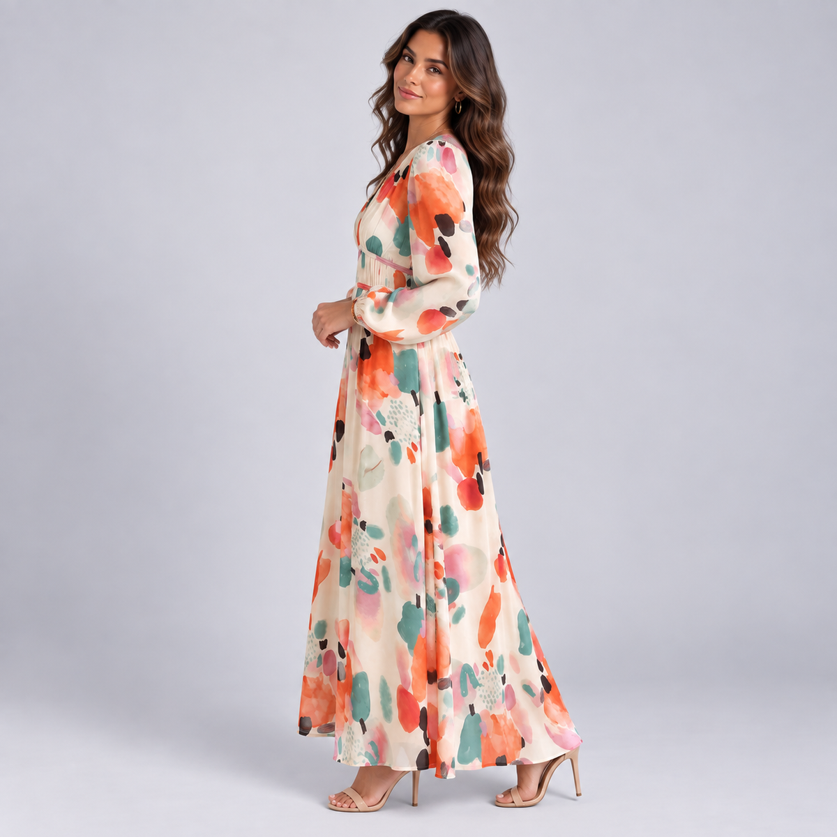 Vestido Largo Estampado con Escote en V y Cintura Alta | Mangas Abullonadas y Corte Fluido | Estilo Bohemio para Cualquier Ocasión